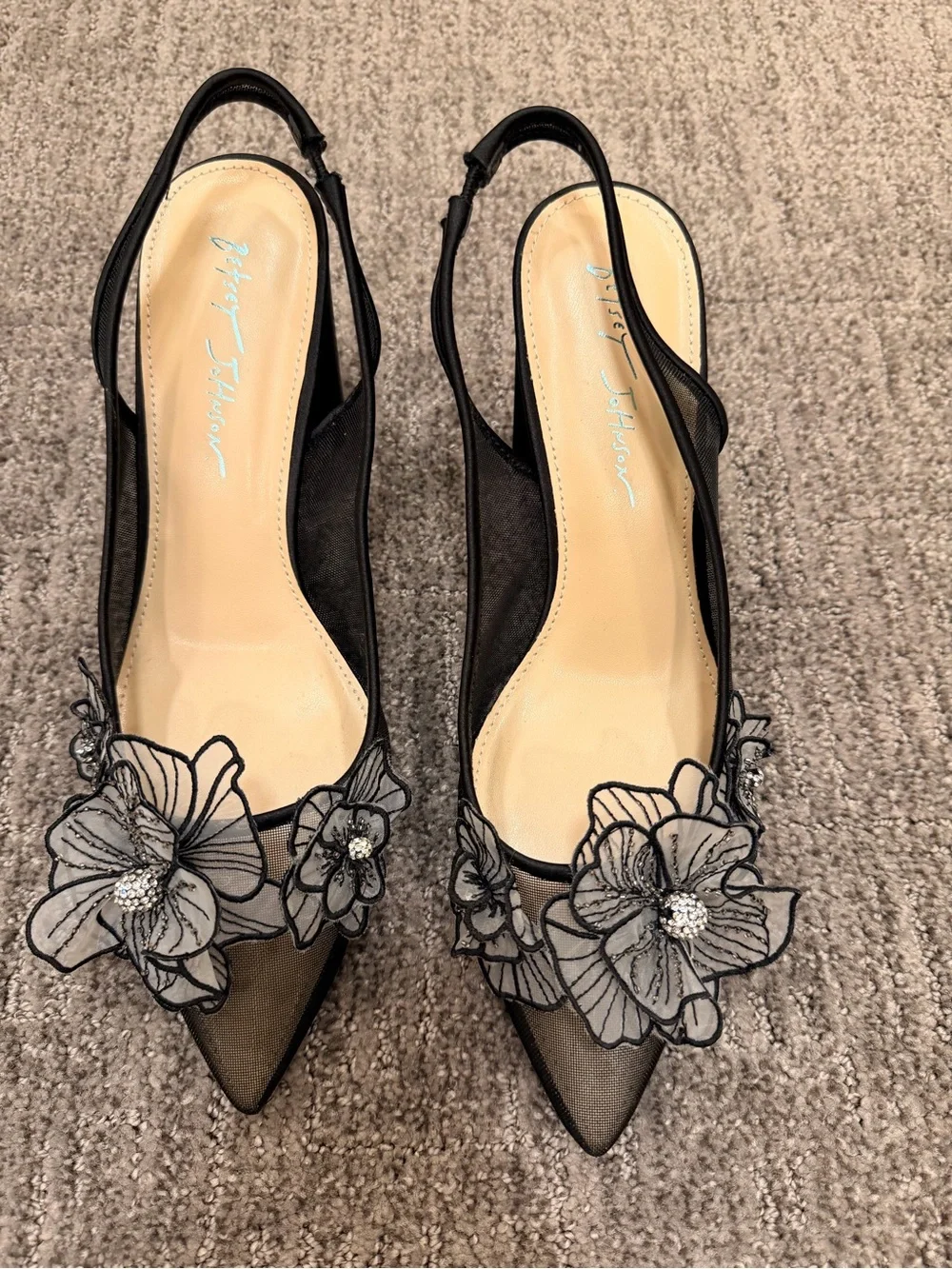 Betsey Johnson Petra Black Mesh Floral Block Heels Coquette Cocktail Size 9.5